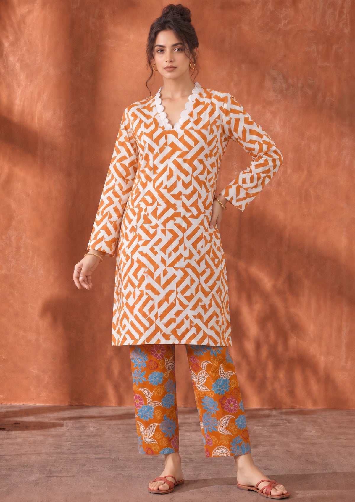 Sunlit Geometry orange and white 2 piece lawn co-ord set by Mirasl with blue pink and white botanical BOTTOM