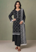 Tassel Bloom Noir 3 piece stitched lawn suit by Mirasl with black printed shirt, trouser and monochrome dupatta