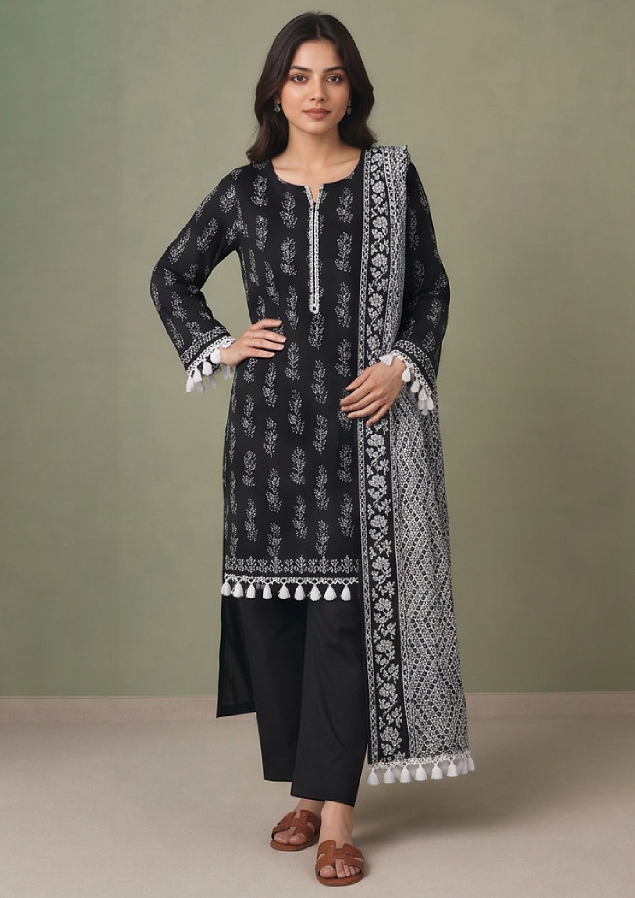 Tassel Bloom Noir 3 piece stitched lawn suit by Mirasl with black printed shirt, trouser and monochrome dupatta