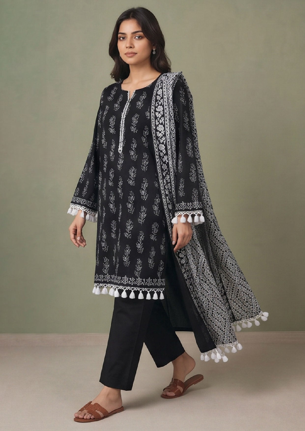 Mirasl Tassel Bloom Noir black lawn suit with dupatta in ready to wear 3 piece stitched style
