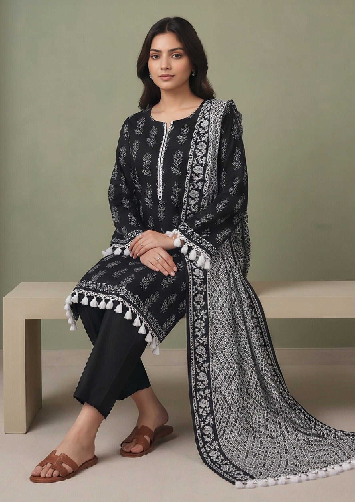 Front view of Tassel Bloom Noir printed 3 piece lawn suit by Mirasl with ivory botanical print
