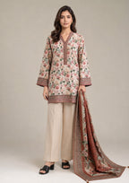 Terracotta Floral 3 Piece Stitched Lawn Suit in Printed Lawn with ivory rose floral print and matching dupatta by Mirasl