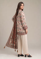 Terracotta Floral Pakistani Lawn Suit featuring ivory floral shirt, cream trouser, and terracotta printed dupatta
