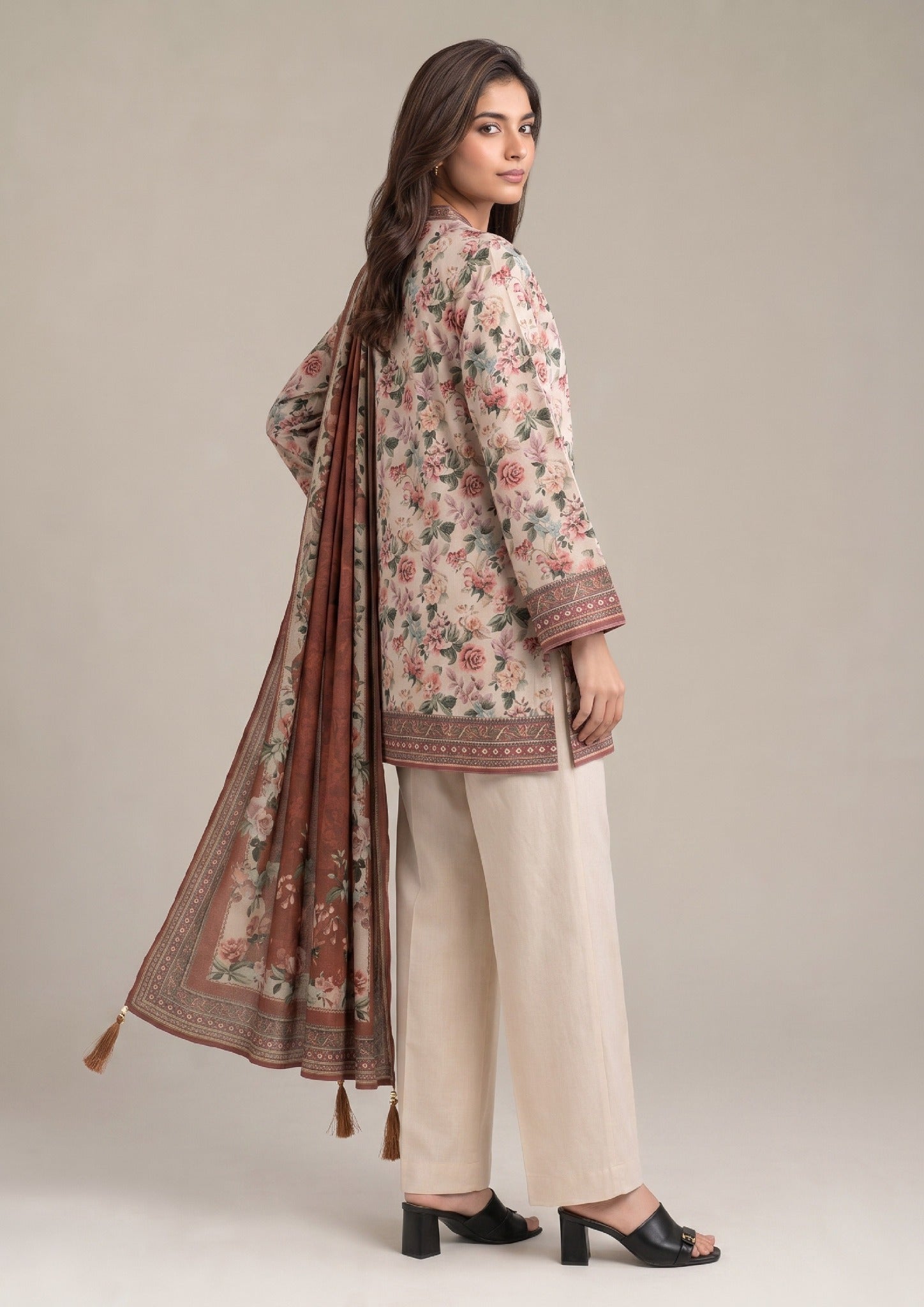 Terracotta Floral Pakistani Lawn Suit featuring ivory floral shirt, cream trouser, and terracotta printed dupatta