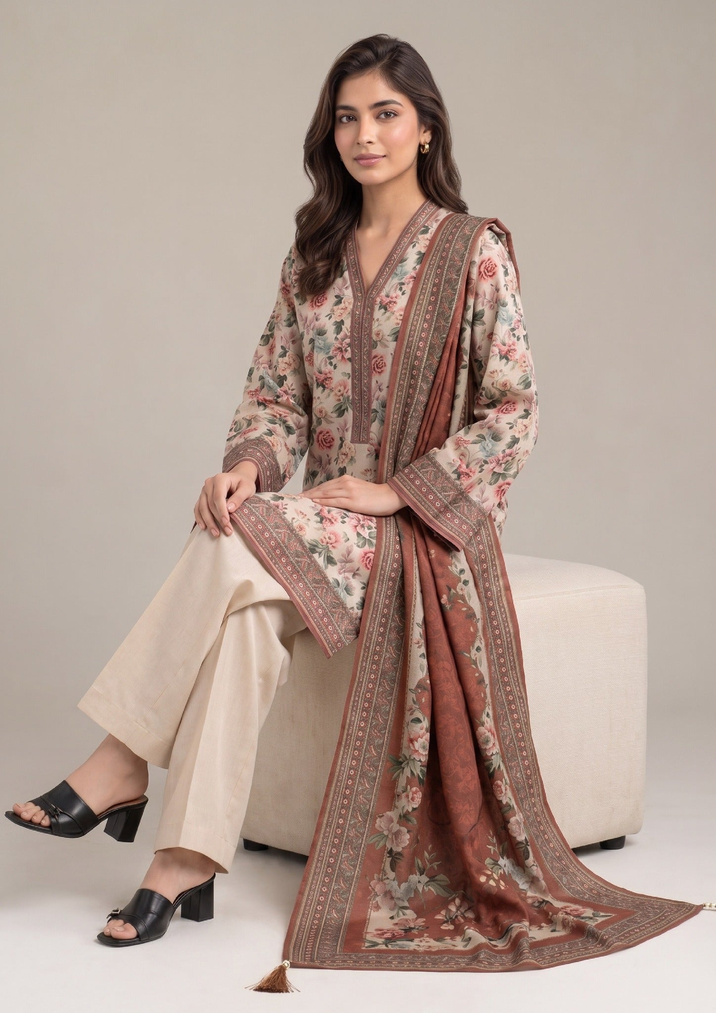Seated view of Terracotta Floral stitched printed lawn suit with bordered dupatta by Mirasl