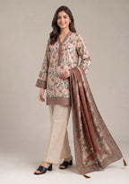 Back view of Terracotta Floral 3 Piece Stitched Lawn Suit with coordinated printed dupatta by Mirasl