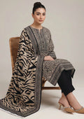Front view of Urban Safari Noir black and beige 3 piece stitched lawn suit with animal print kurta, black trouser and statement dupatta