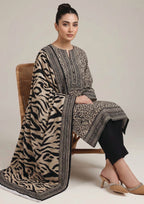 Front view of Urban Safari Noir black and beige 3 piece stitched lawn suit with animal print kurta, black trouser and statement dupatta