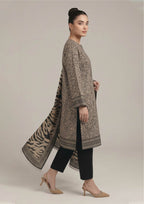 Full look of Urban Safari Noir women stitched lawn suit showing geometric placket, animal print kurta and shawl-style dupatta
