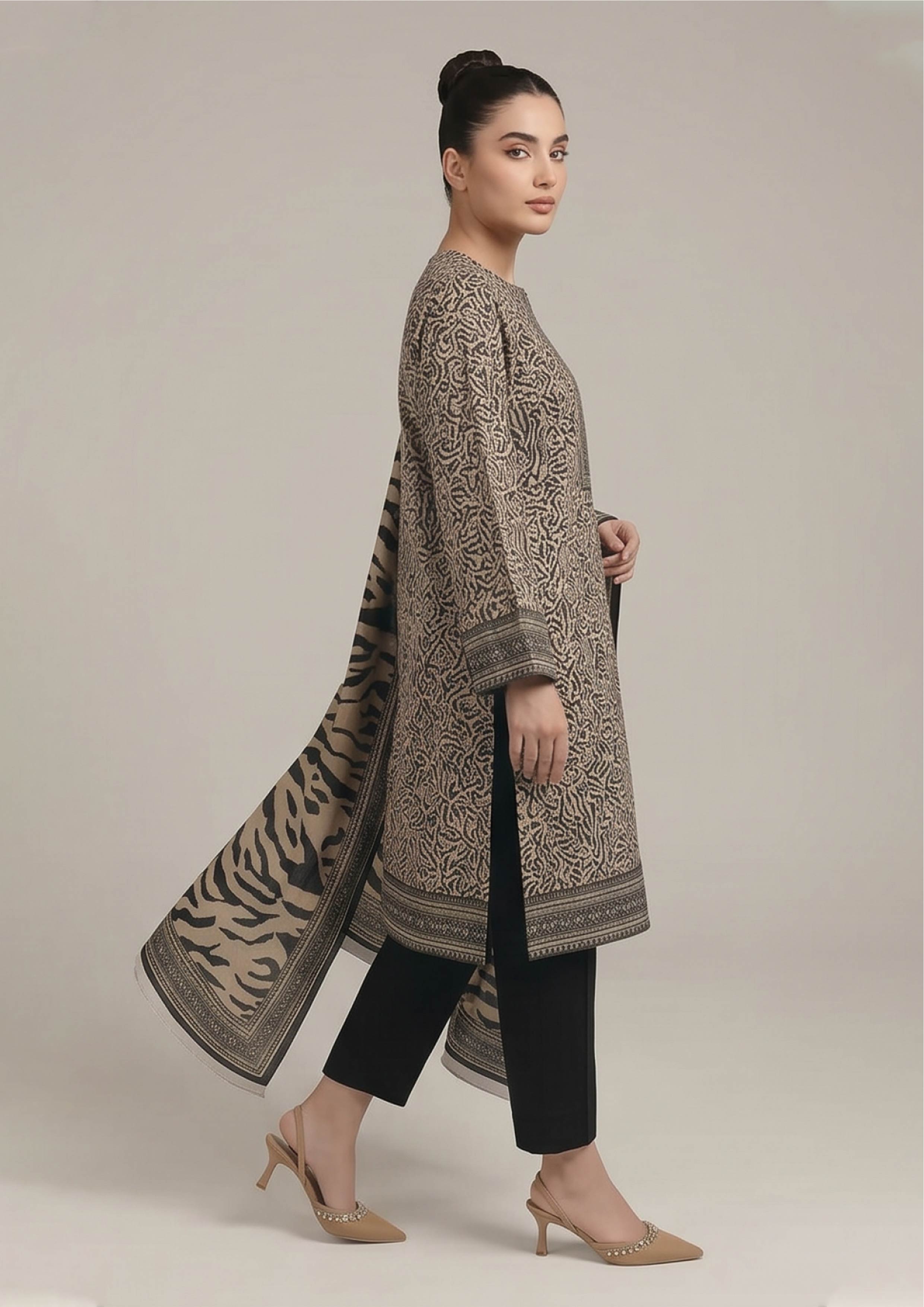 Full look of Urban Safari Noir women stitched lawn suit showing geometric placket, animal print kurta and shawl-style dupatta