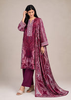 Seated view of Velvet Rose 3 Piece Stitched Lawn Suit with coordinated dupatta by Mirasl