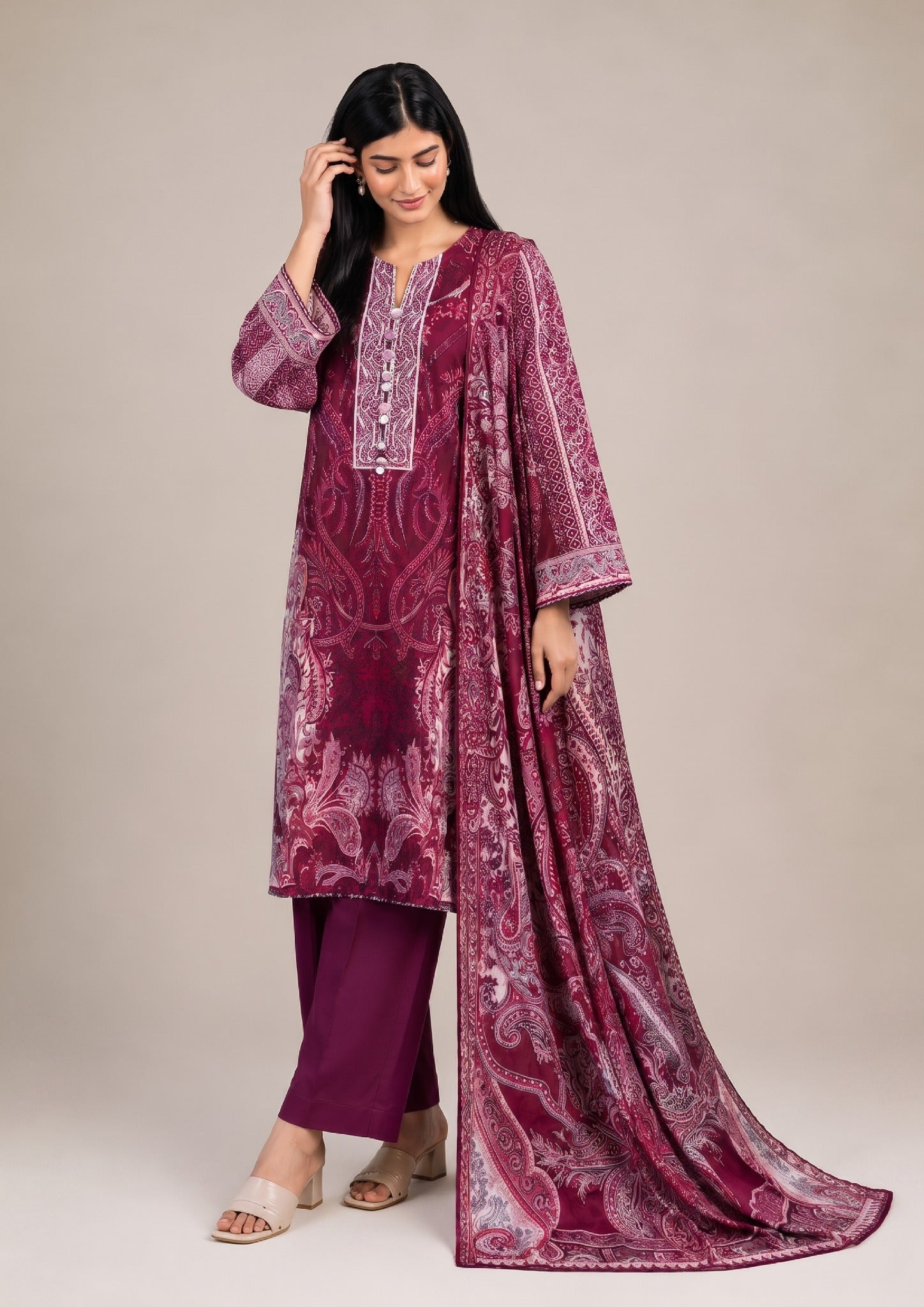 Seated view of Velvet Rose 3 Piece Stitched Lawn Suit with coordinated dupatta by Mirasl