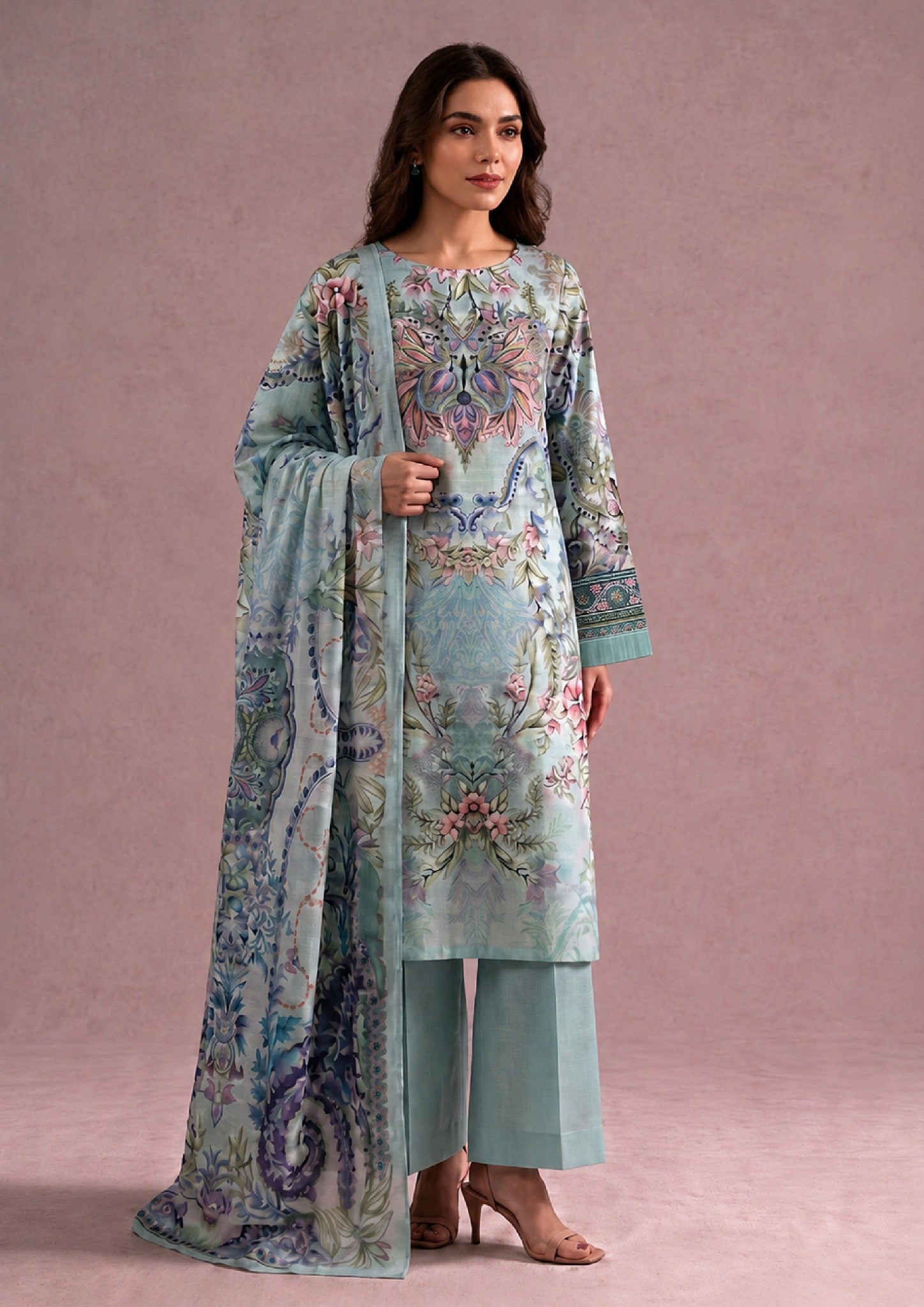 Whimsical Garden lawn suit with pastel floral print and matching dupatta by Mirasl