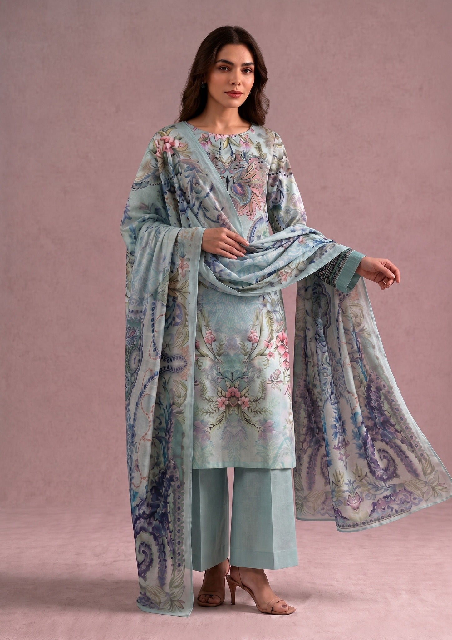 Whimsical Garden Pakistani Lawn Suit featuring soft aqua shirt, straight trouser, and printed dupatta