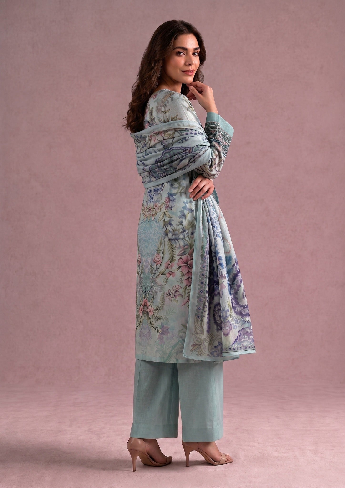 Whimsical Garden stitched printed lawn suit with paisley dupatta and soft aqua trouser
