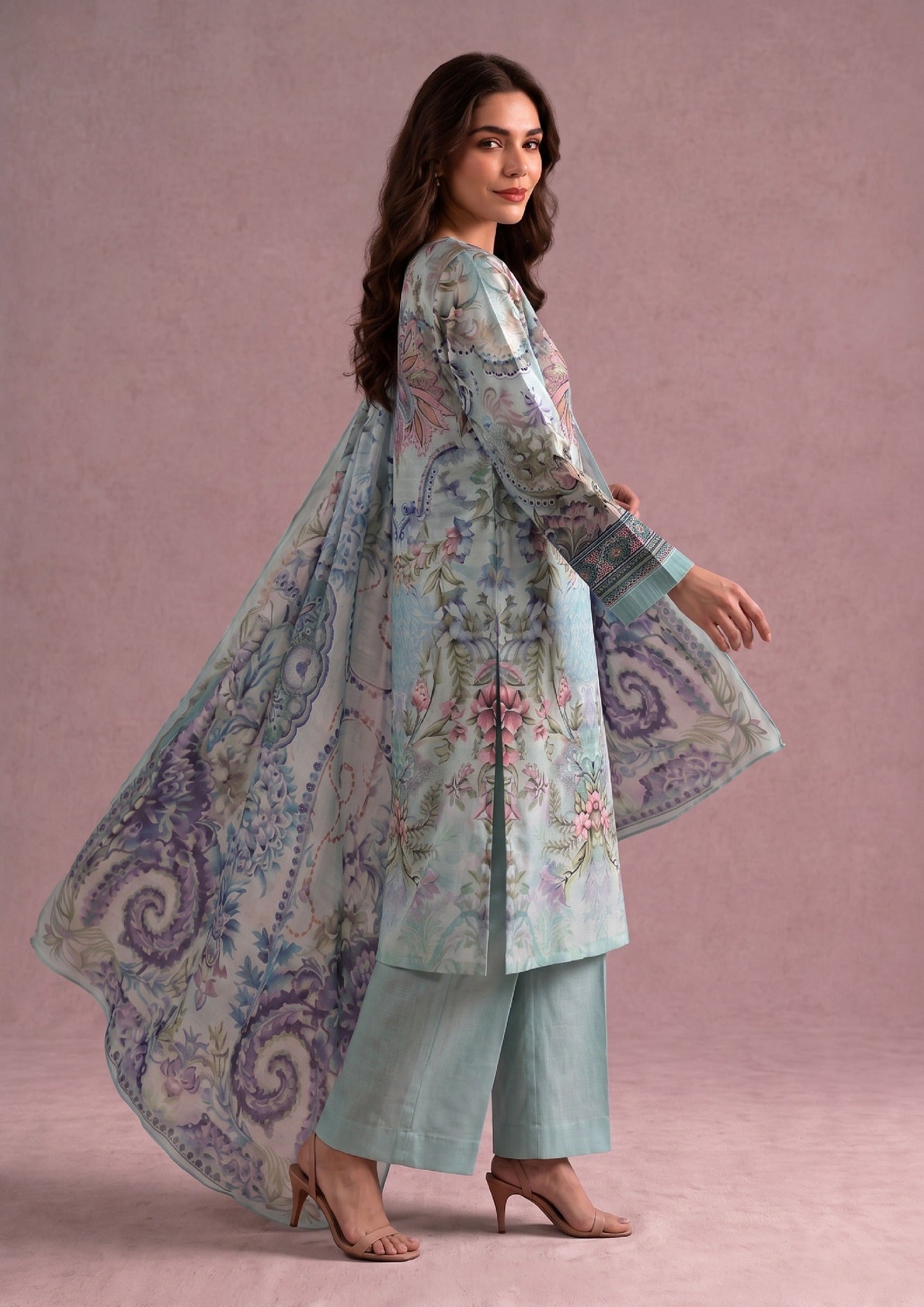 Front view of Whimsical Garden 3 Piece Stitched Lawn Suit with coordinated dupatta by Mirasl