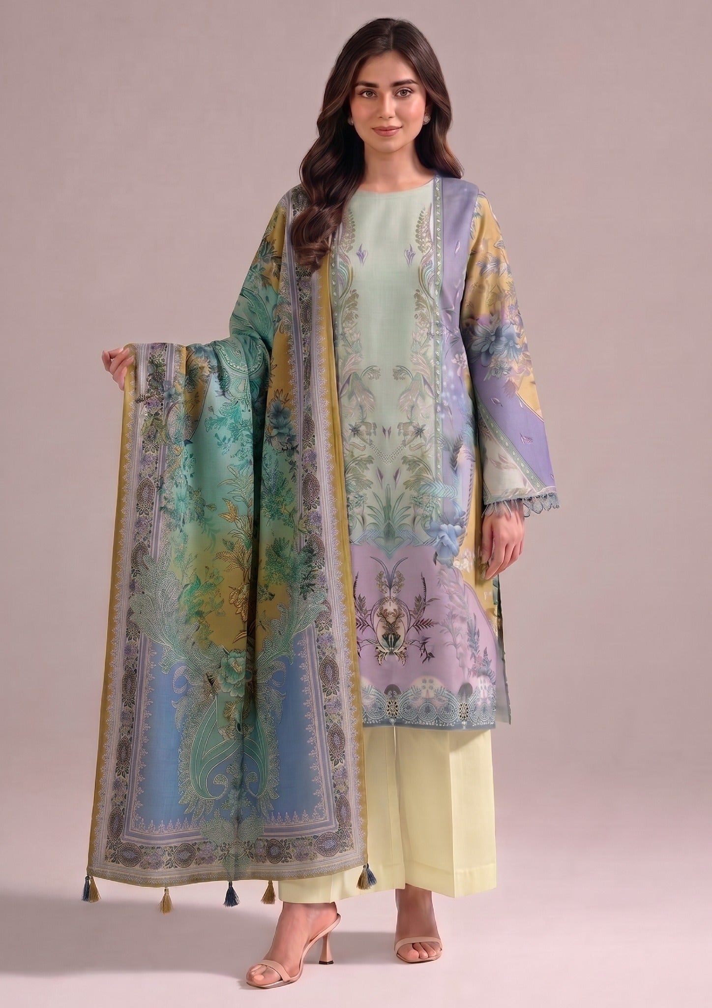 Whimsy Ensemble 3 Piece Stitched Lawn Suit in Printed Lawn with mint floral print and matching dupatta by Mirasl
