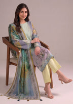 Whimsy Ensemble Pakistani Lawn Suit featuring mint lilac shirt, yellow trouser, and coordinated printed dupatta