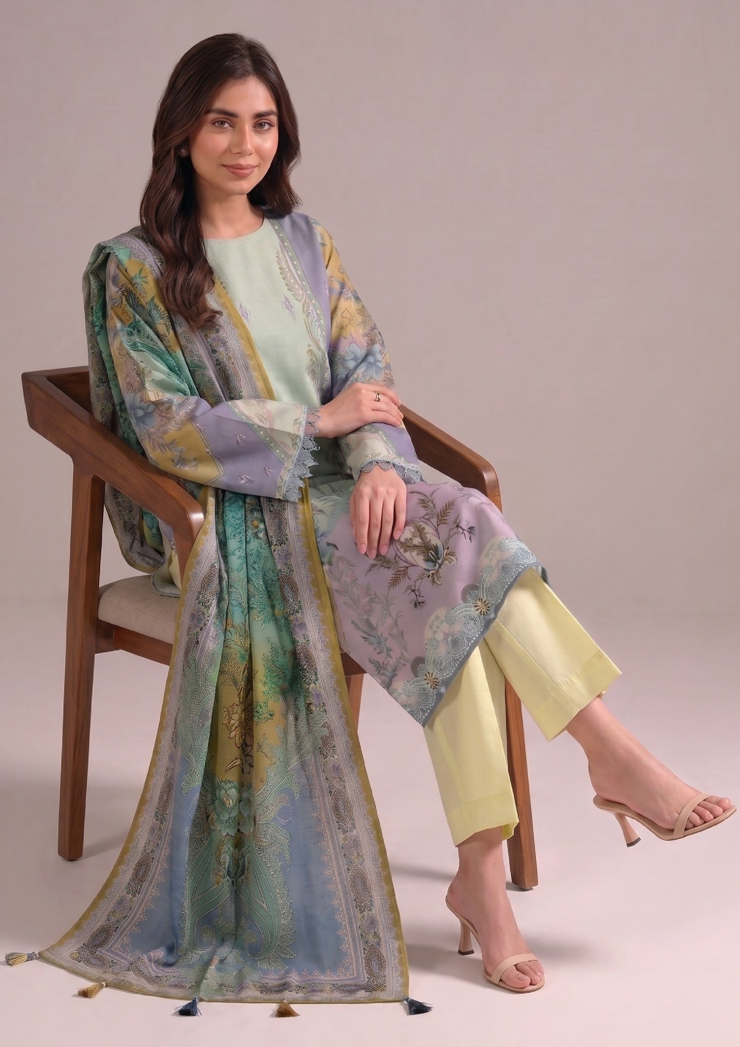 Whimsy Ensemble Pakistani Lawn Suit featuring mint lilac shirt, yellow trouser, and coordinated printed dupatta