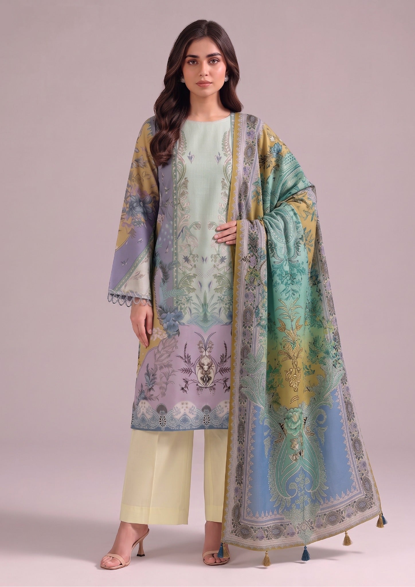 Front view of Whimsy Ensemble stitched printed lawn suit with tassel printed dupatta by Mirasl