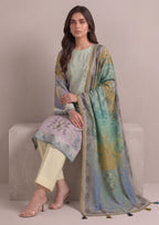 Seated view of Whimsy Ensemble 3 Piece Stitched Lawn Suit with coordinated printed dupatta by Mirasl